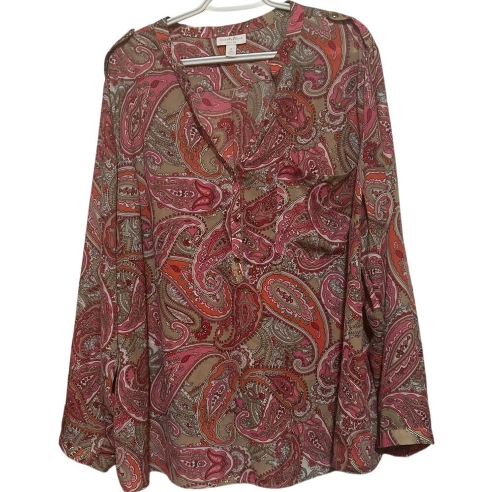Charter Club‎ Women Pink Orange Tan Paisley V-Neck Long Sleeve Blouse Size 3X